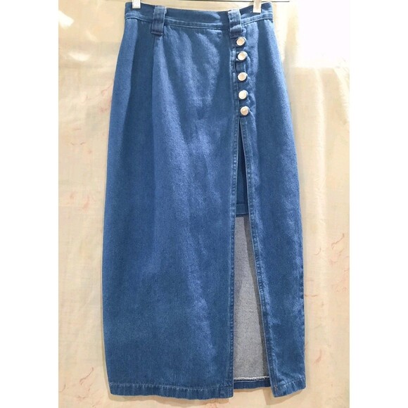 NY Wear Dresses & Skirts - Vintage Denim Midi Skirt High Waisted Side Button Front Slit Built In Mini Y2k S